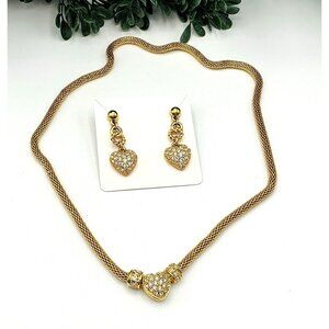 Gold-Tone Mesh Chain Heart Pendant Necklace and Earrings Set